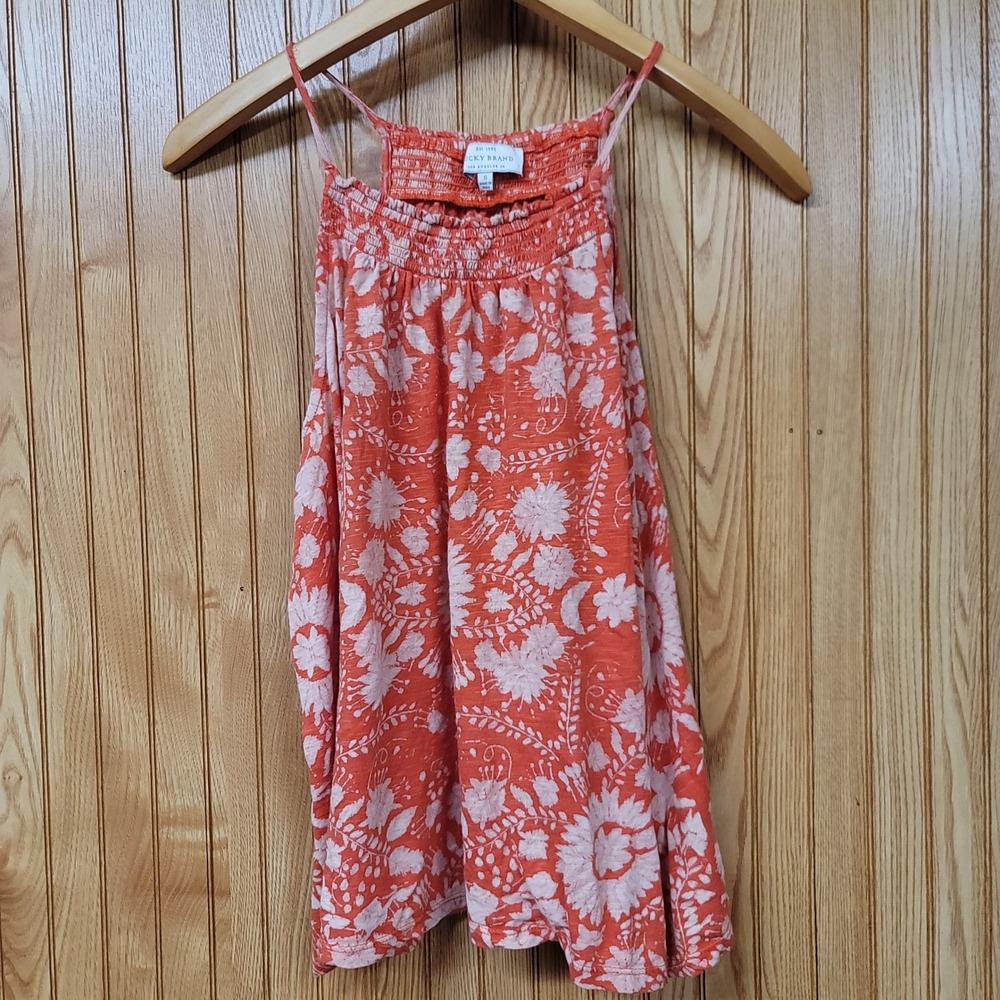 Lucky Brand Womens Orange White Floral Smocked High Neck Halter Tank Top Boho Sm